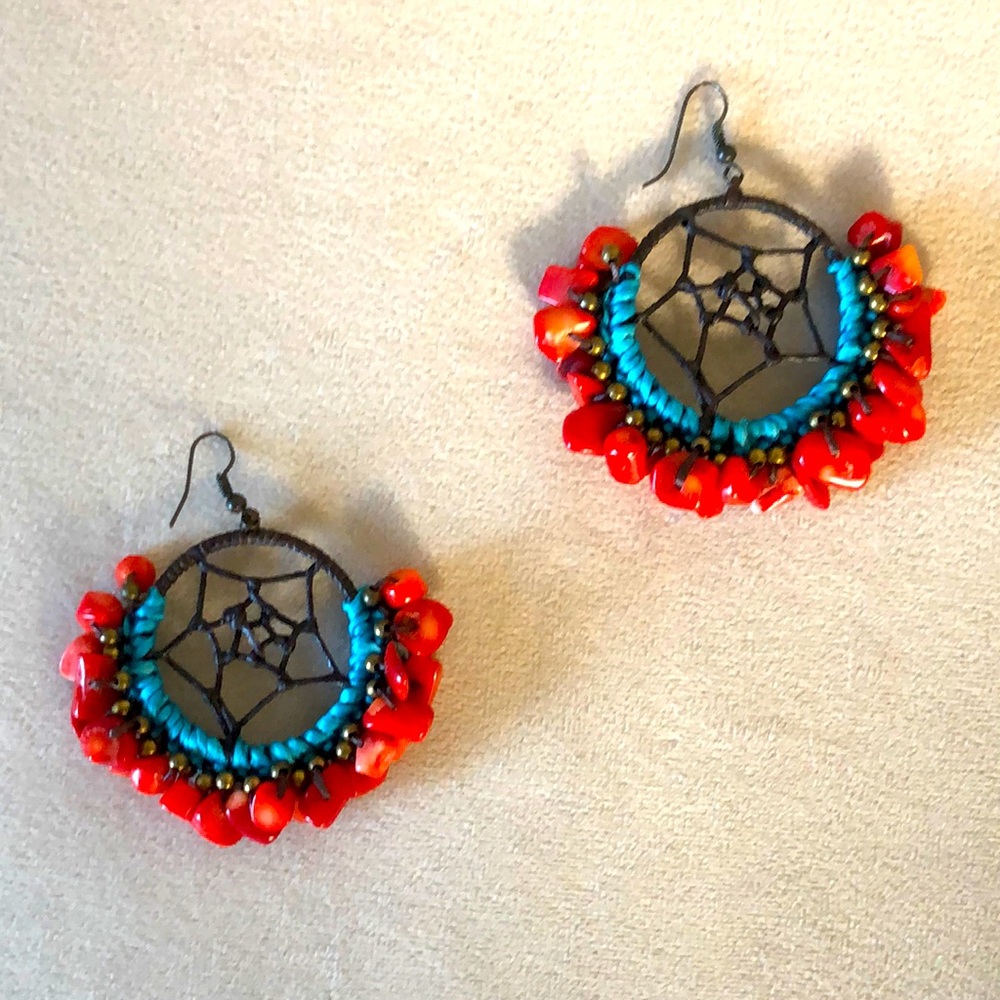 Red and turquoise Indian jhumkas dangle earrings